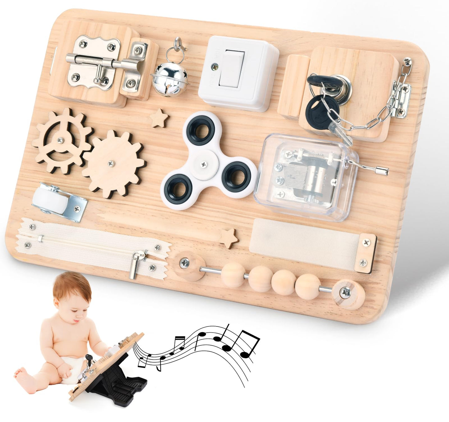 Potatomato Montessori Wooden Busy Board - 12-in-1 Sensory Toy for Toddlers