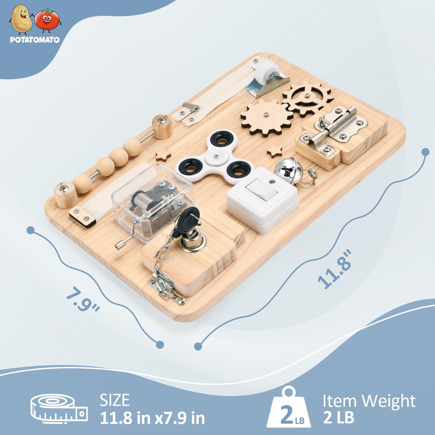 Potatomato Montessori Wooden Busy Board - 12-in-1 Sensory Toy for Toddlers