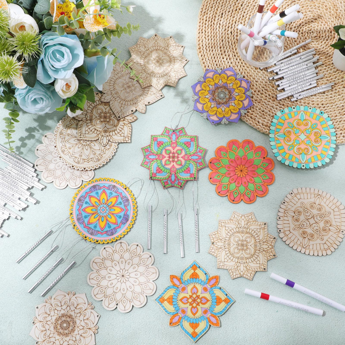 Potchen 18-Set Mandala Wind Chime Craft Kit – DIY Color Your Own Wooden Wind Chimes
