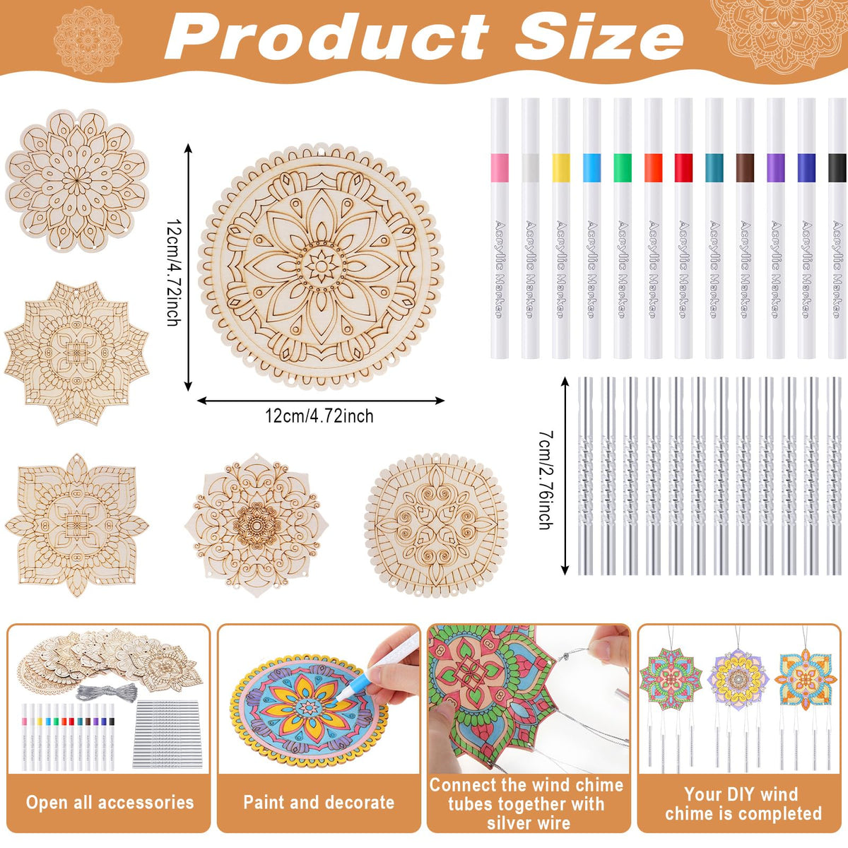 Potchen 18-Set Mandala Wind Chime Craft Kit – DIY Color Your Own Wooden Wind Chimes
