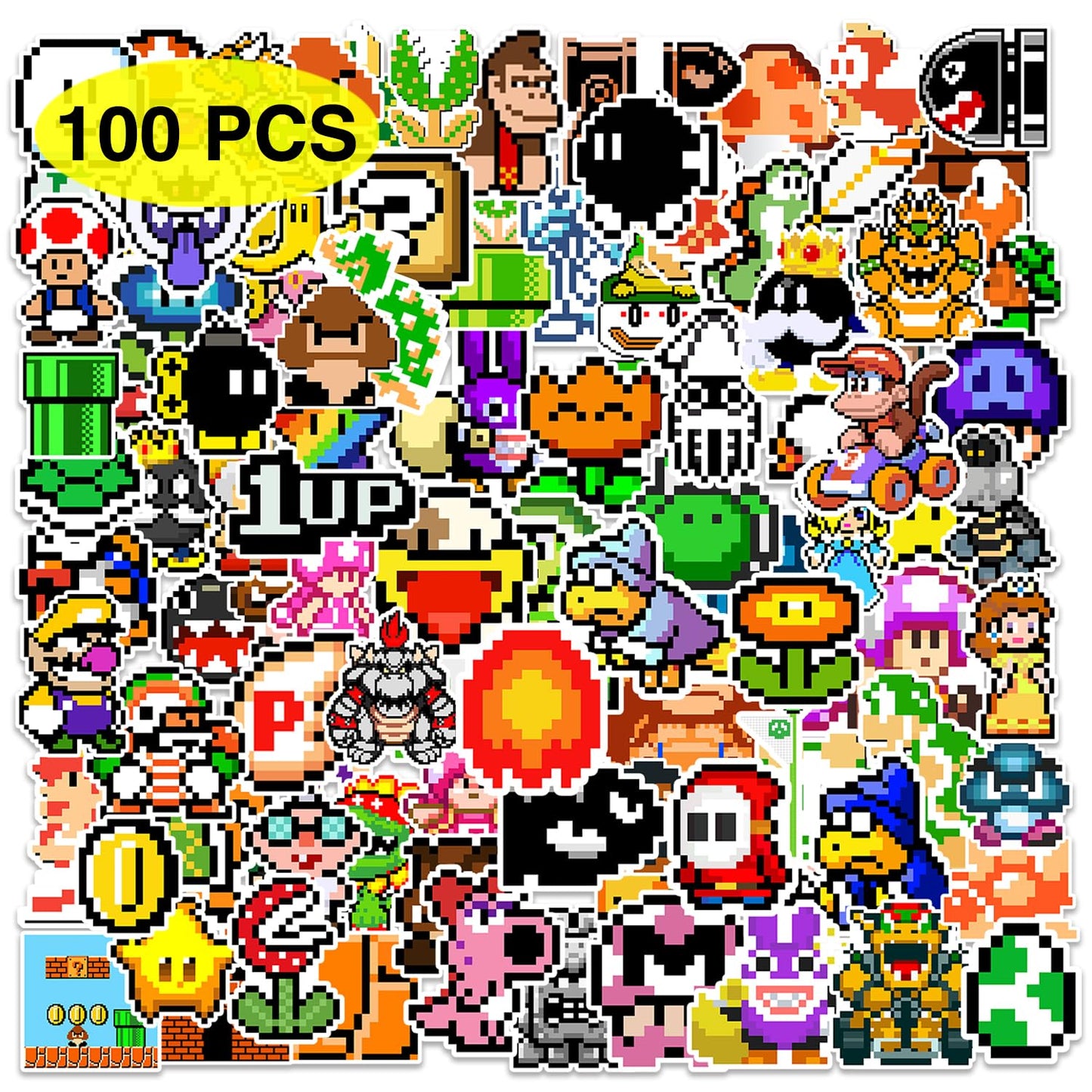 Pounchi Cute Cartoon Stickers (100 Pcs) – Pixel Video Game PVC Sticker Set for Laptop, Water Bottle & More