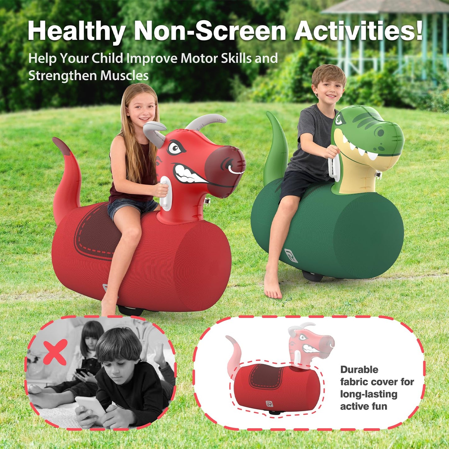 POVRYE 2-Pack Giant Inflatable Dinosaur & Bull Ride-On Toys – 220 lbs Capacity