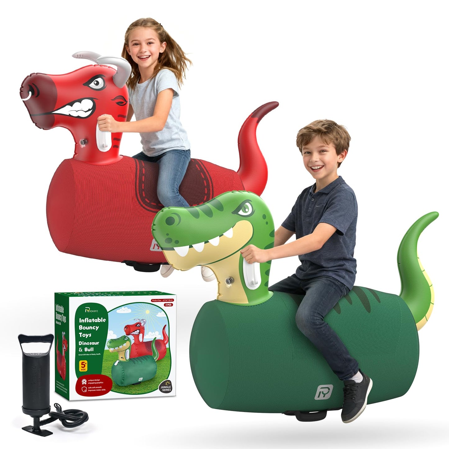 POVRYE 2-Pack Giant Inflatable Dinosaur & Bull Ride-On Toys – 220 lbs Capacity
