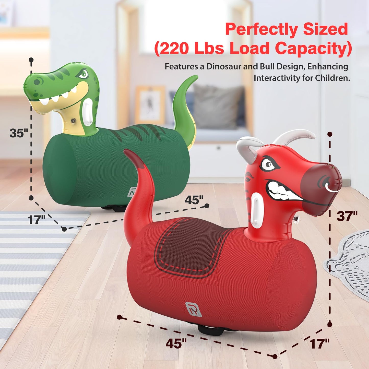 POVRYE 2-Pack Giant Inflatable Dinosaur & Bull Ride-On Toys – 220 lbs Capacity