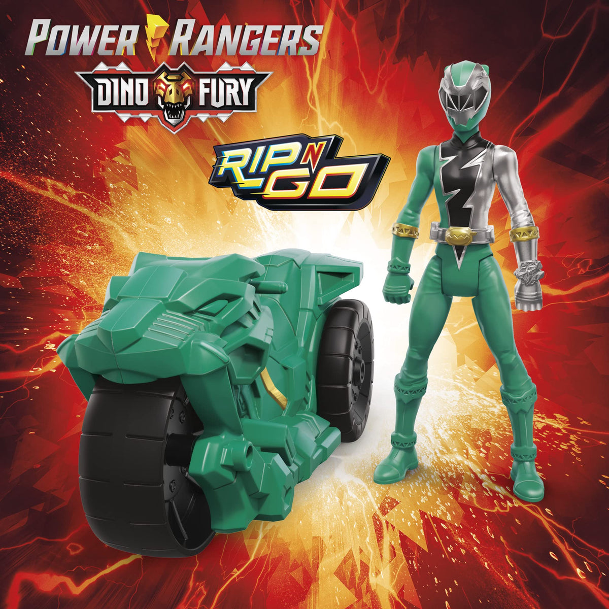 Power Rangers Dino Fury Rip N Go Sabertooth Battle Rider & Green Ranger 6-Inch Figure