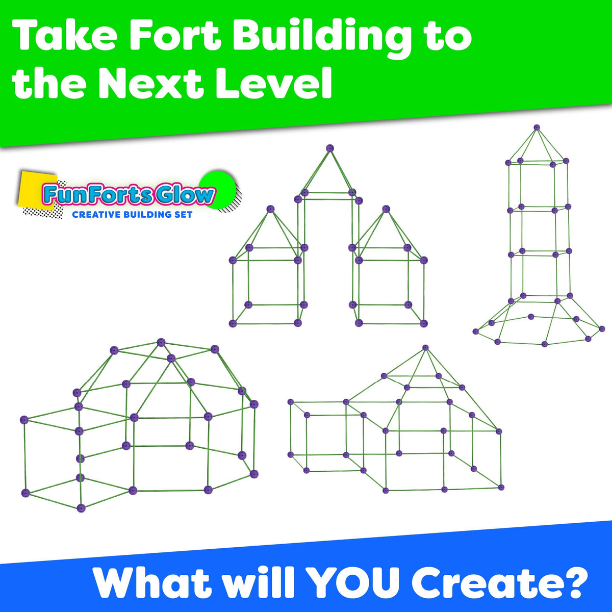 Power Your Fun Fun Forts Glow Fort Building Kit – 81-Piece Glow-in-the-Dark STEM Construction Toys for Indoor & Outdoor Play