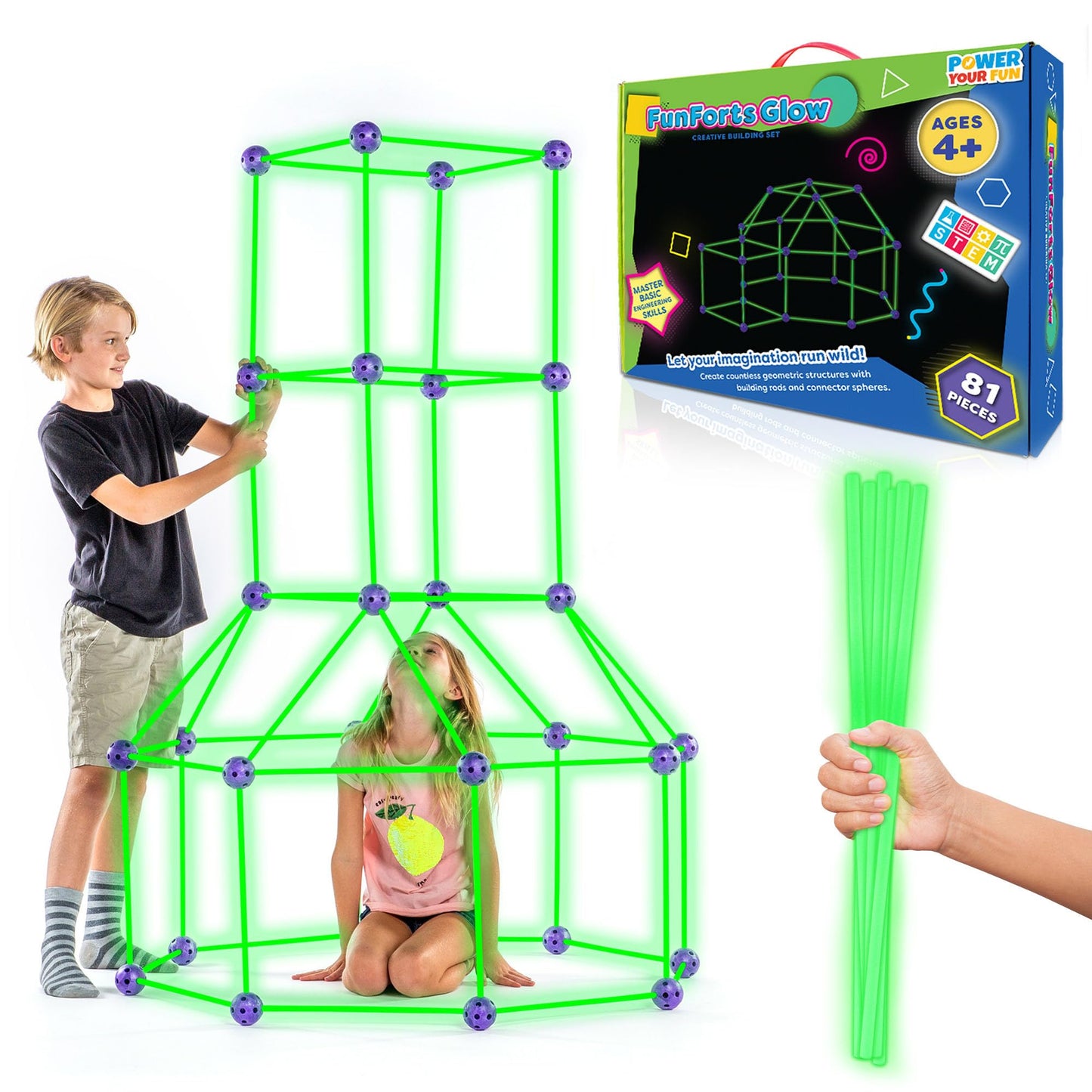 Power Your Fun Fun Forts Glow Fort Building Kit – 81-Piece Glow-in-the-Dark STEM Construction Toys for Indoor & Outdoor Play