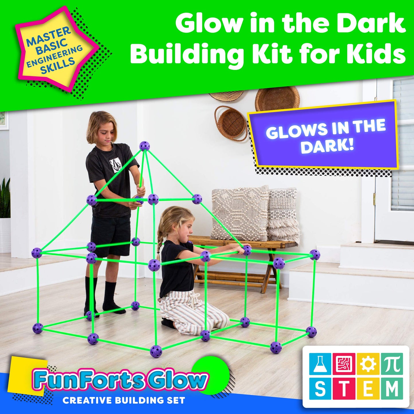 Power Your Fun Fun Forts Glow Fort Building Kit – 81-Piece Glow-in-the-Dark STEM Construction Toys for Indoor & Outdoor Play