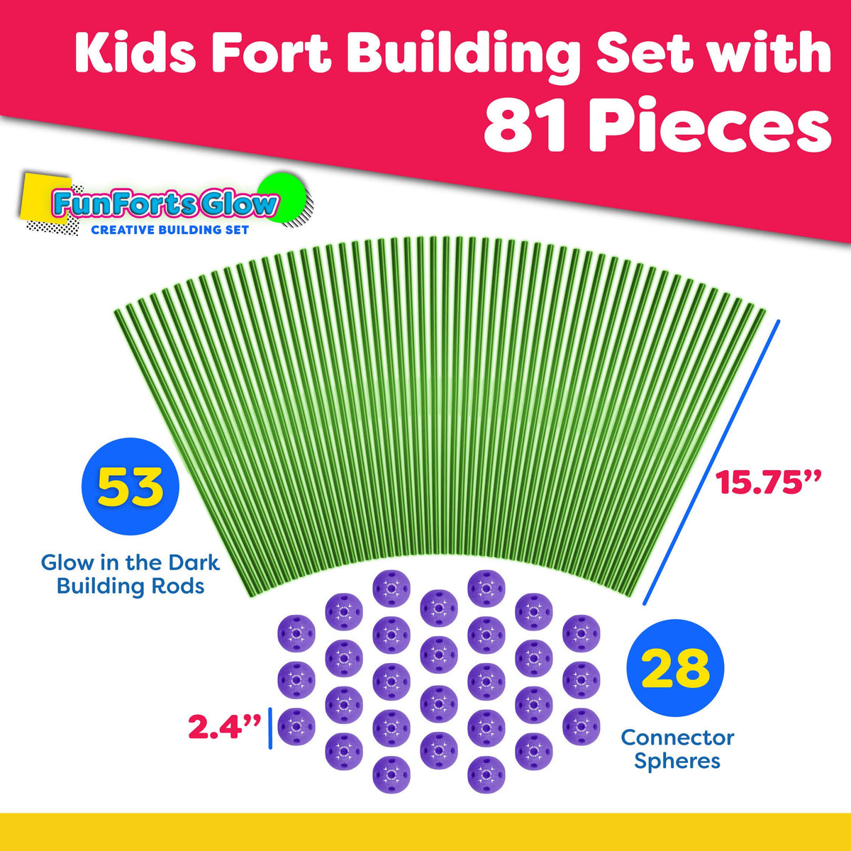 Power Your Fun Fun Forts Glow Fort Building Kit – 81-Piece Glow-in-the-Dark STEM Construction Toys for Indoor & Outdoor Play