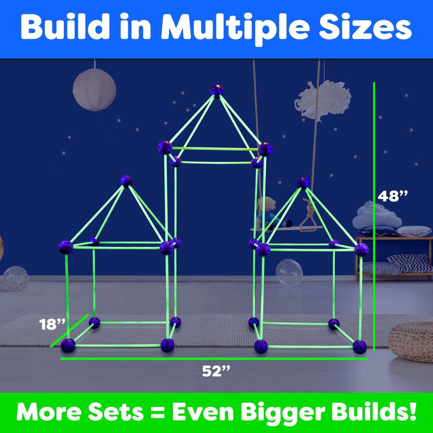 Power Your Fun Fun Forts Glow Fort Building Kit – 81-Piece Glow-in-the-Dark STEM Construction Toys for Indoor & Outdoor Play