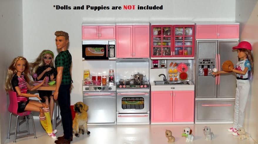 PowerTRC Doll Kitchen Play Set – Pink 4-in-1 Mini Kitchen with Realistic Light & Sound