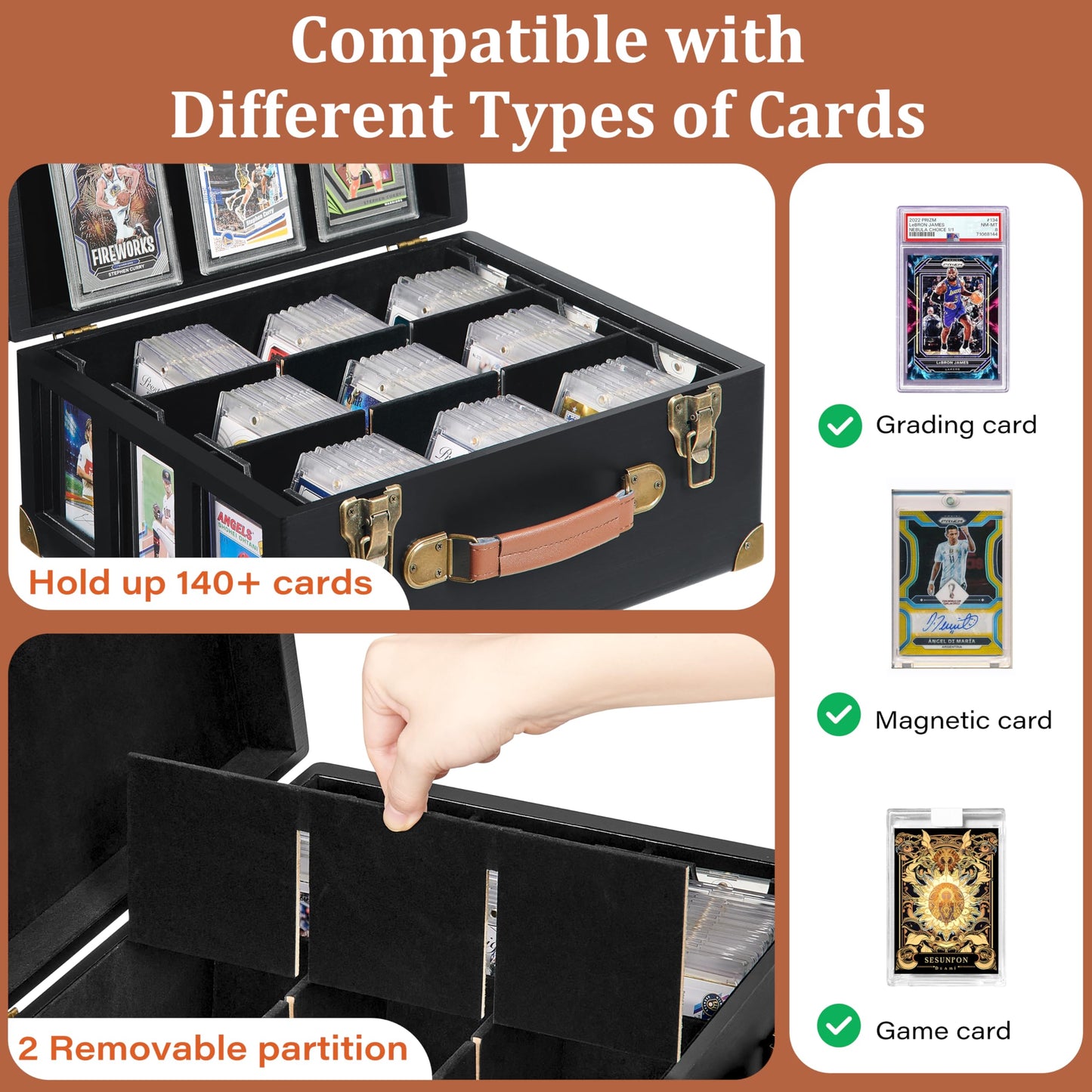 Poyilooo Graded Card Storage Box with Display Window — Wooden 140+ Card Case (PSA/BGS/SGC)