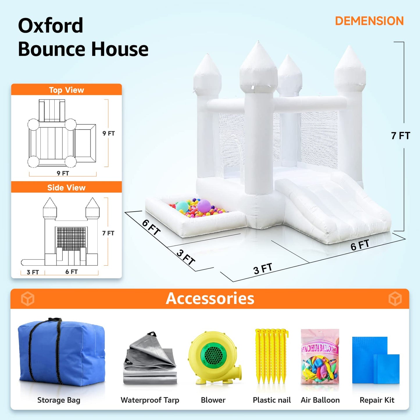 POYOUNGHU White Bounce House with Blower – Durable Oxford Cloth, Quick Inflate
