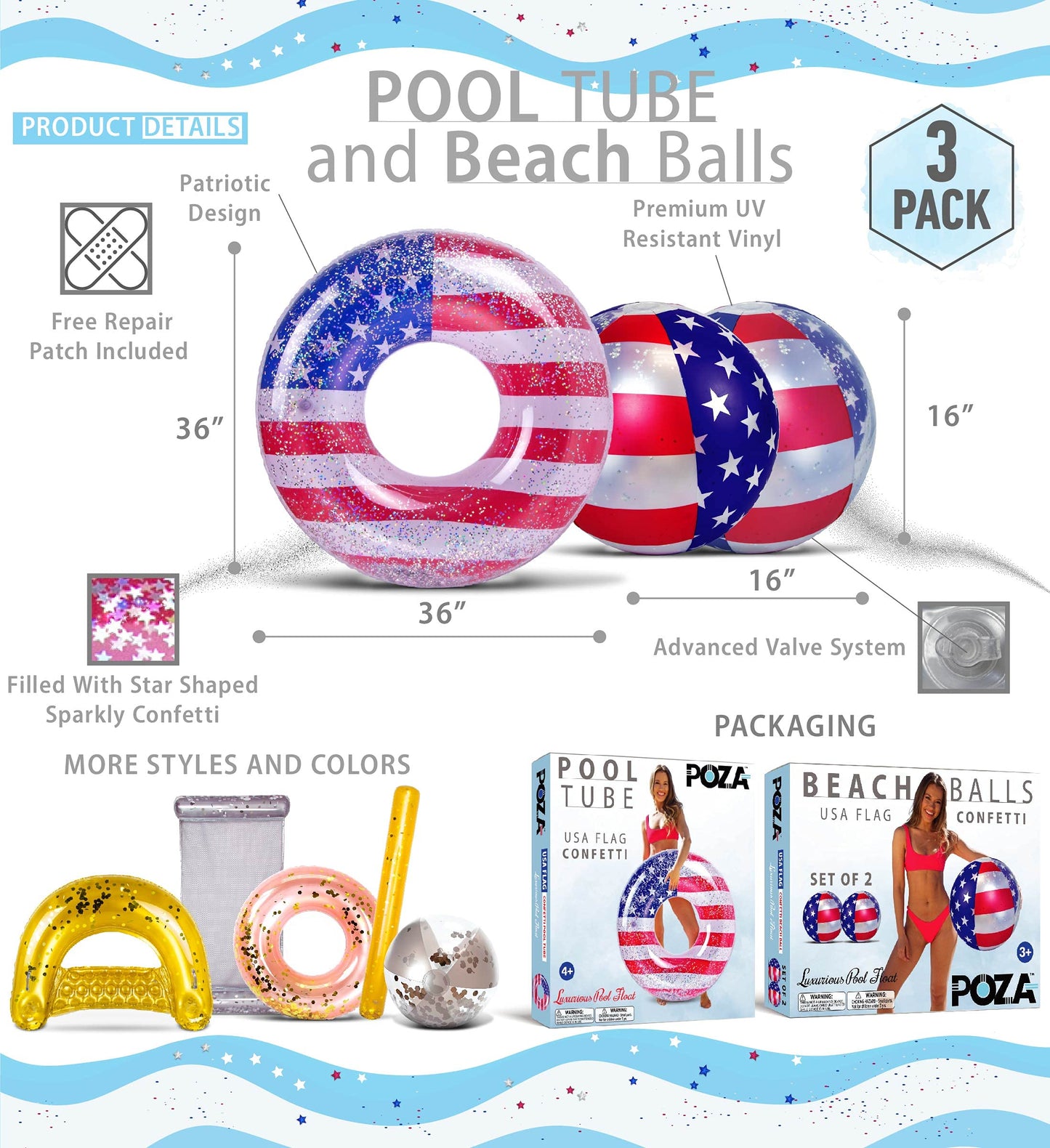 POZA USA Flag Pool Float Ring & Confetti Beach Balls – 36x36x9
