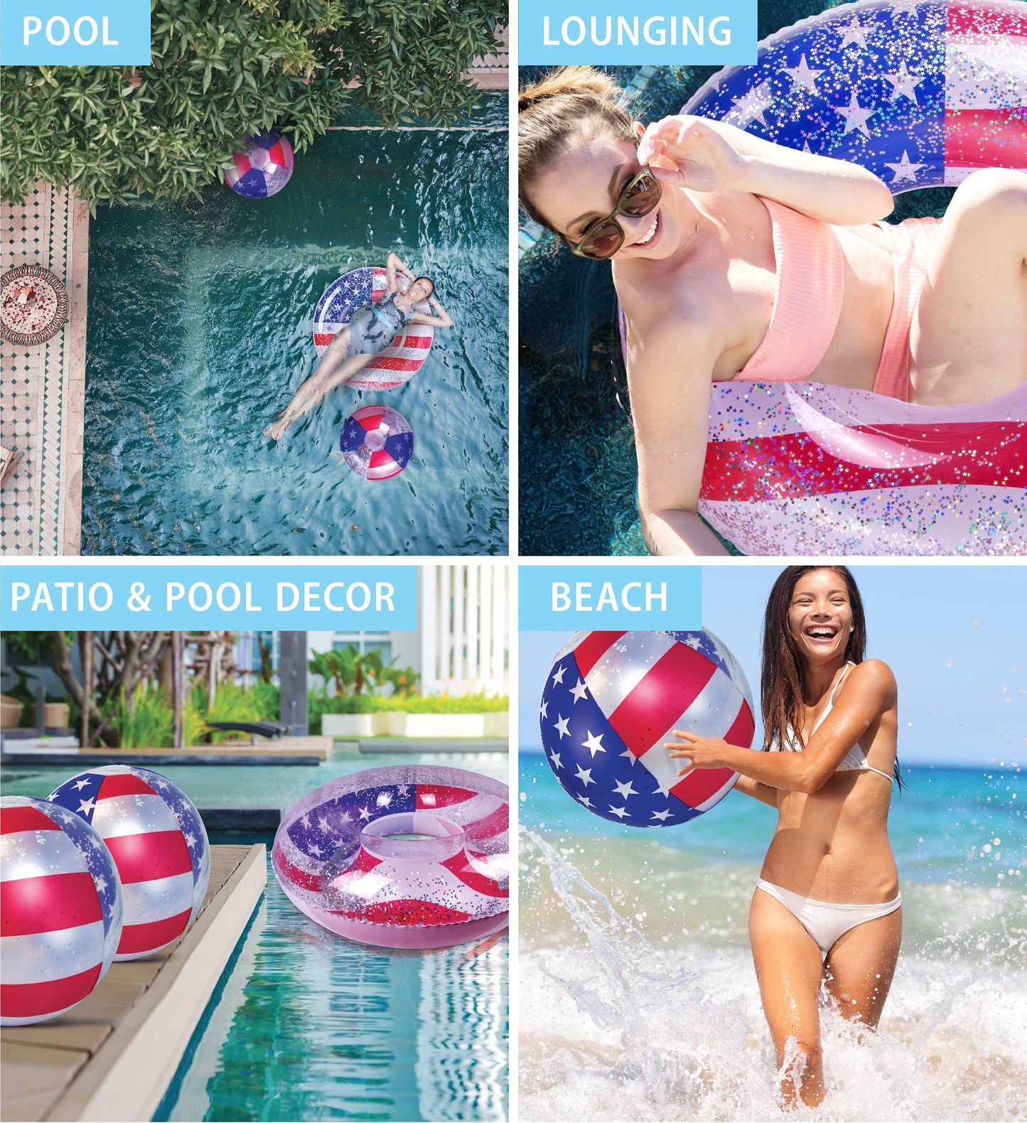 POZA USA Flag Pool Float Ring & Confetti Beach Balls – 36x36x9