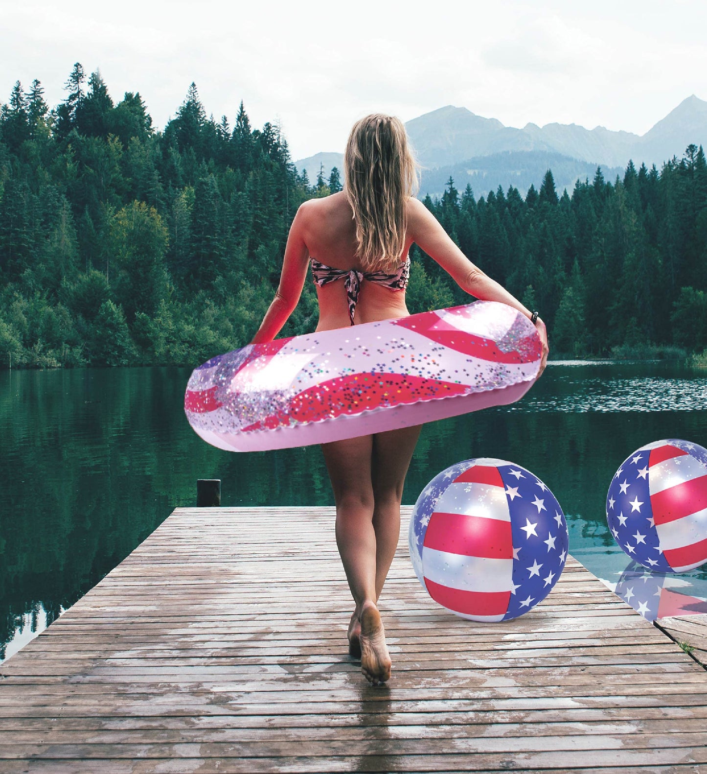 POZA USA Flag Pool Float Ring & Confetti Beach Balls – 36x36x9
