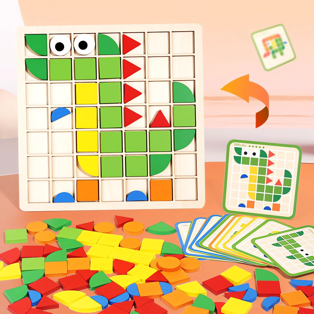 Pozale Pattern Blocks Set — 120 Colored Wooden Blocks + 20 Design Cards | Montessori Geometry Toy