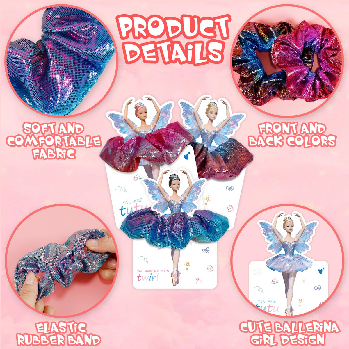 Pozemu Valentines Day Gifts for Kids – 24 Pack Ballerina Cards with Hair Scrunchies