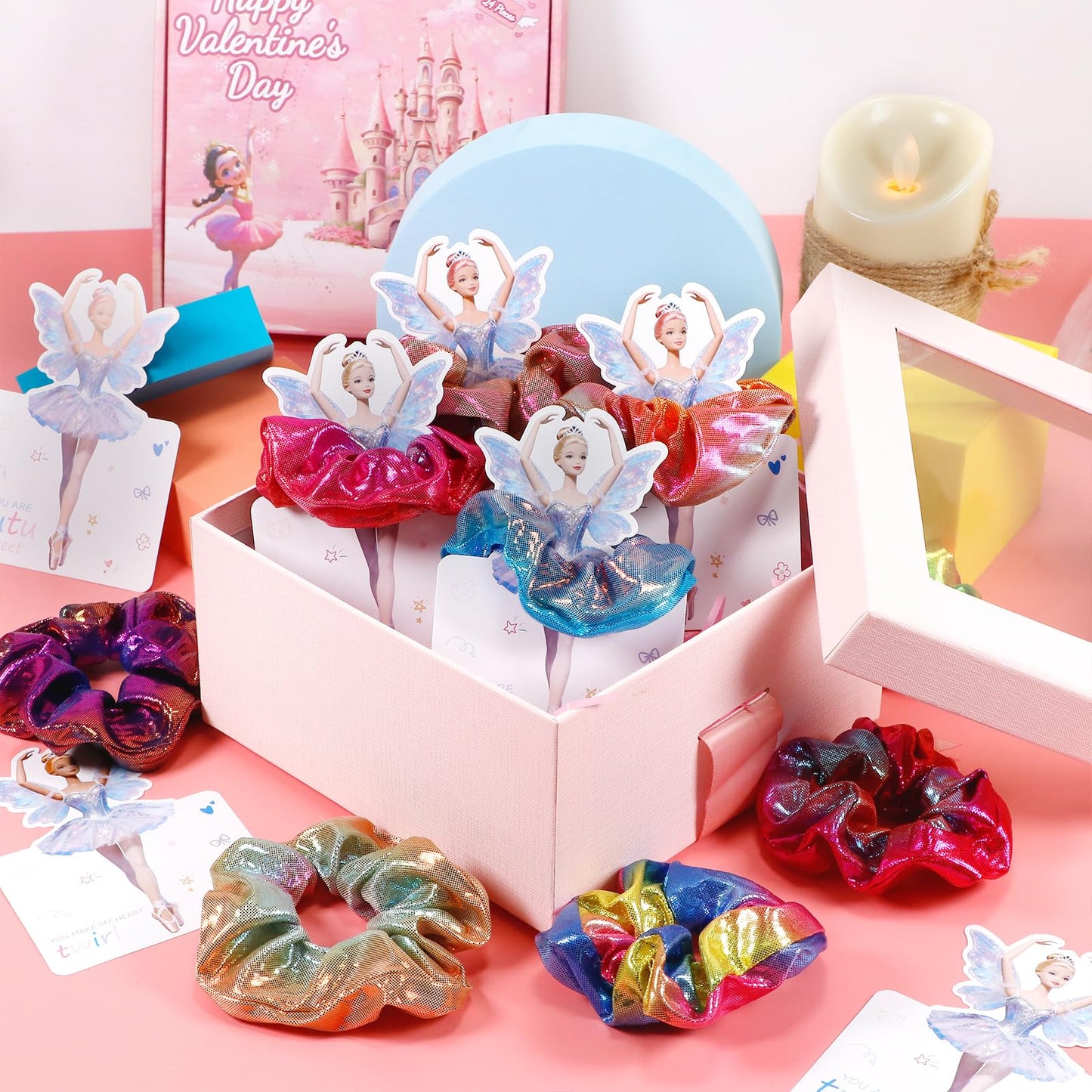 Pozemu Valentines Day Gifts for Kids – 24 Pack Ballerina Cards with Hair Scrunchies
