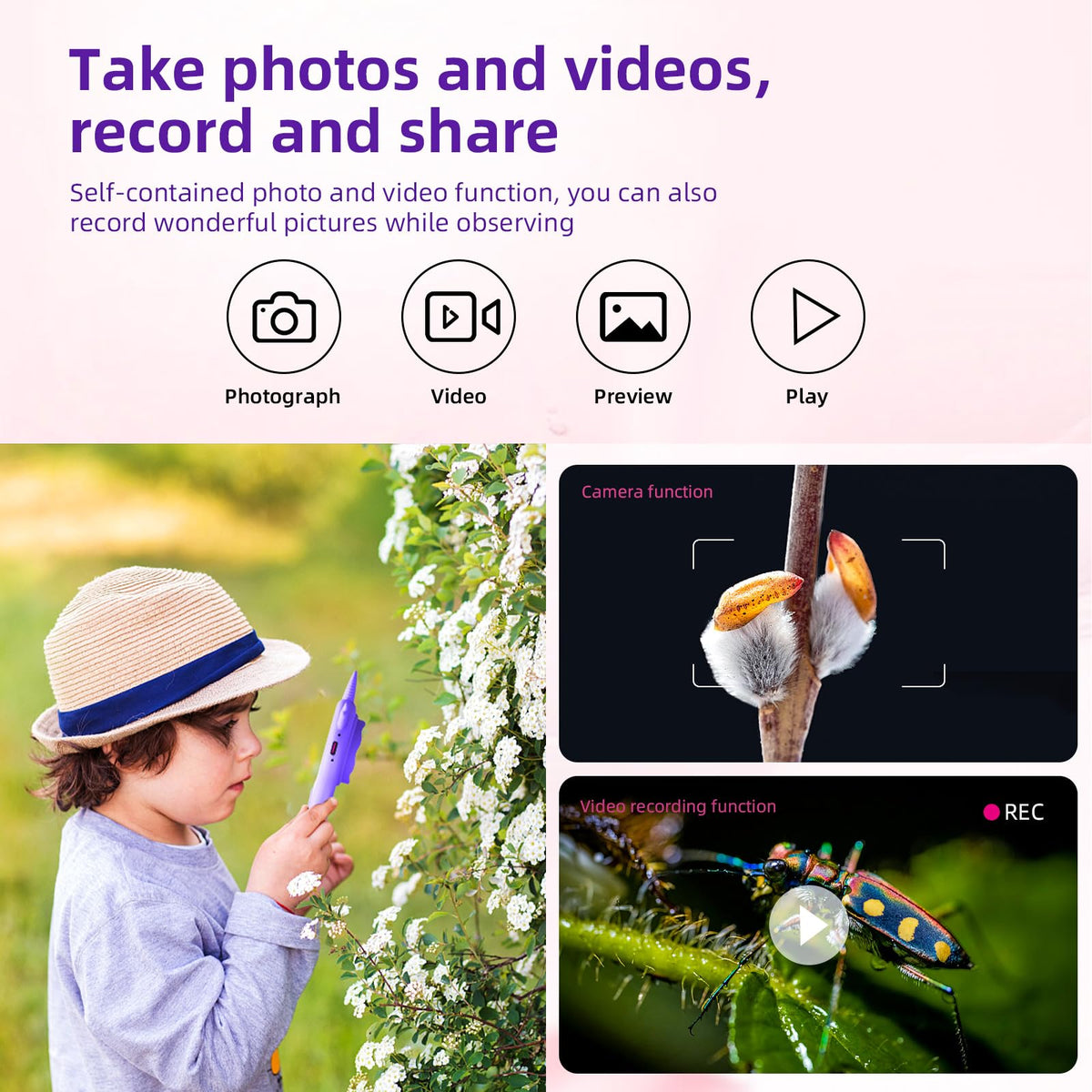 Pozifu Kids Microscope – Handheld Pocket Digiscope with 2-Inch Screen, 50x-500x Magnification, USB Display