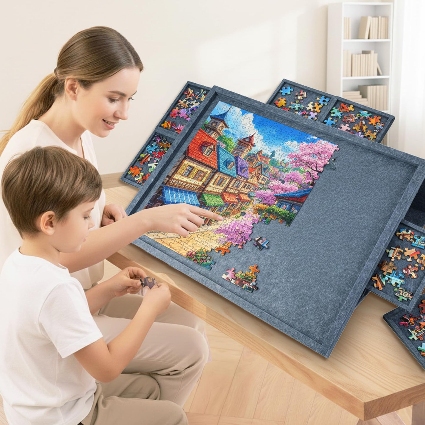 PP OPOUNT Gray Tilting Felt Puzzle Board – 2-in-1 Stand & Cover, 9 Removable Trays, 1000-Piece Size