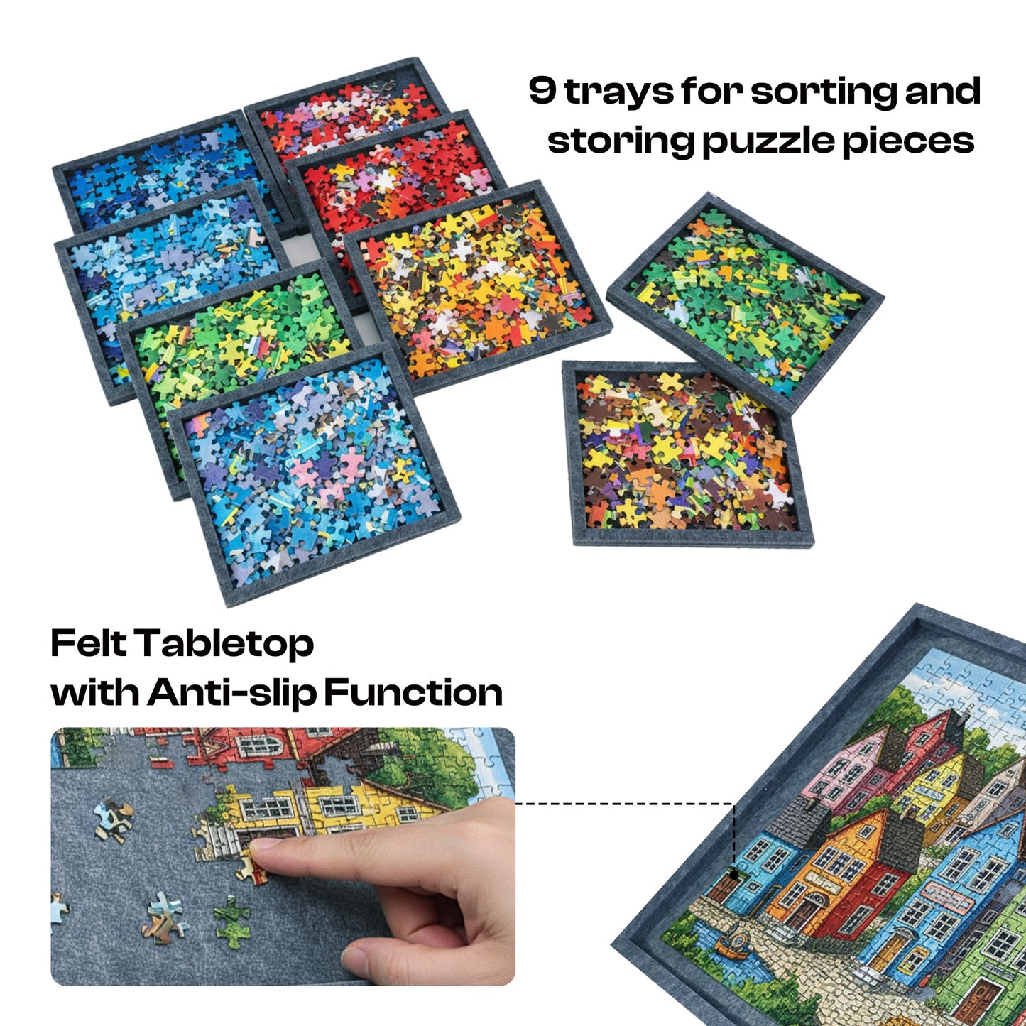 PP OPOUNT Gray Tilting Felt Puzzle Board – 2-in-1 Stand & Cover, 9 Removable Trays, 1000-Piece Size