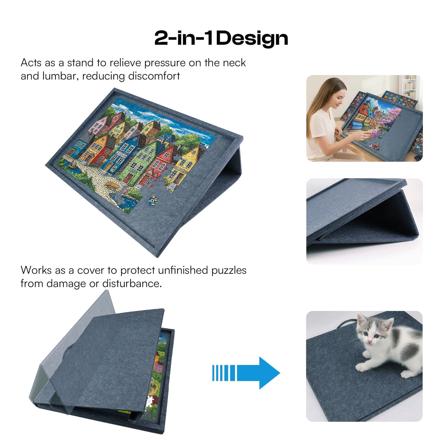 PP OPOUNT Gray Tilting Felt Puzzle Board – 2-in-1 Stand & Cover, 9 Removable Trays, 1000-Piece Size