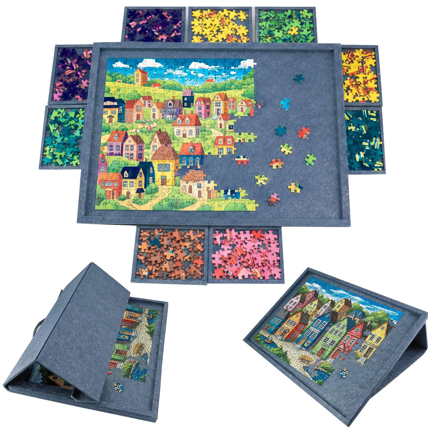 PP OPOUNT Gray Tilting Felt Puzzle Board – 2-in-1 Stand & Cover, 9 Removable Trays, 1000-Piece Size