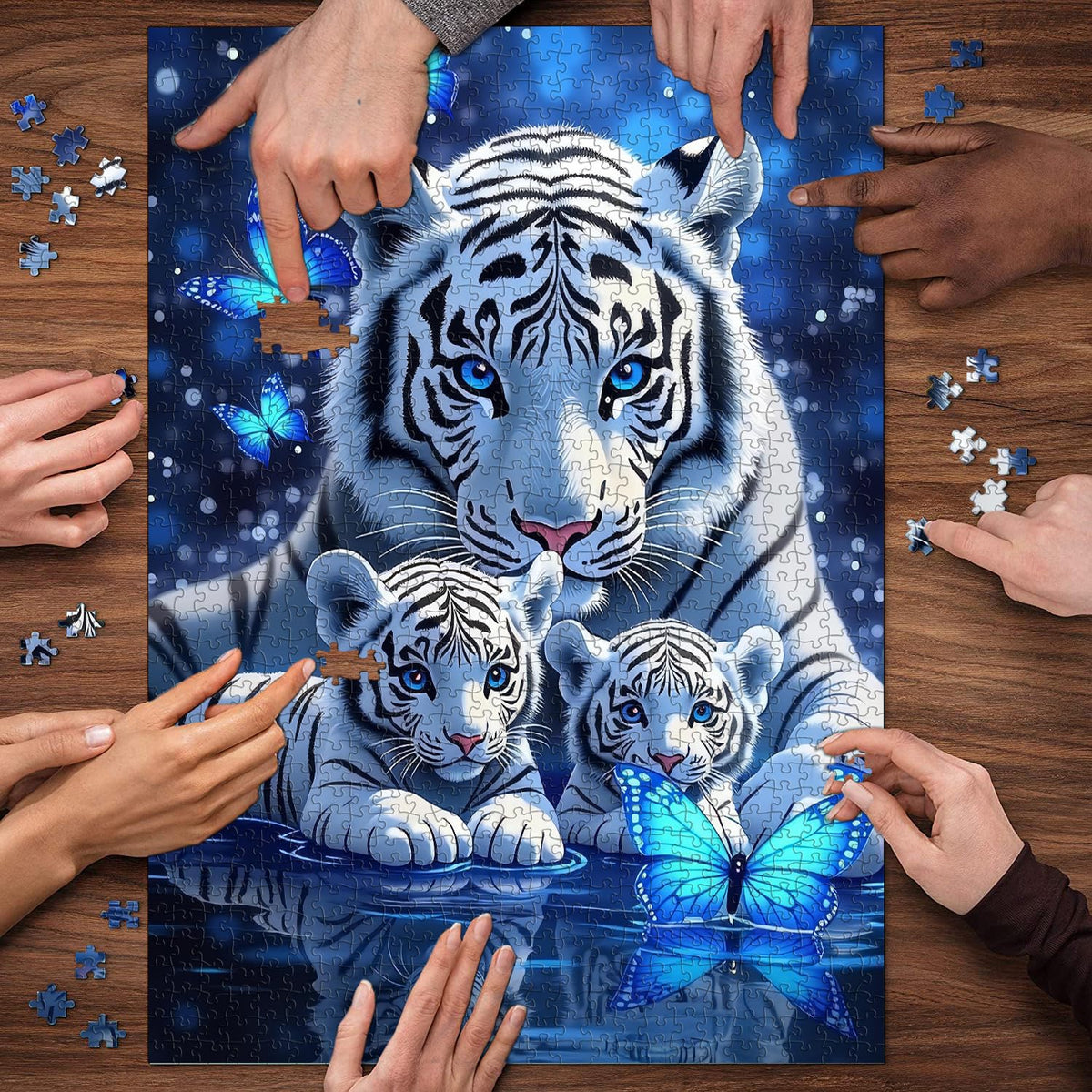 PPuzzling White Tiger 1000-Piece Puzzle — Blue Butterfly Wildlife Art for Adults