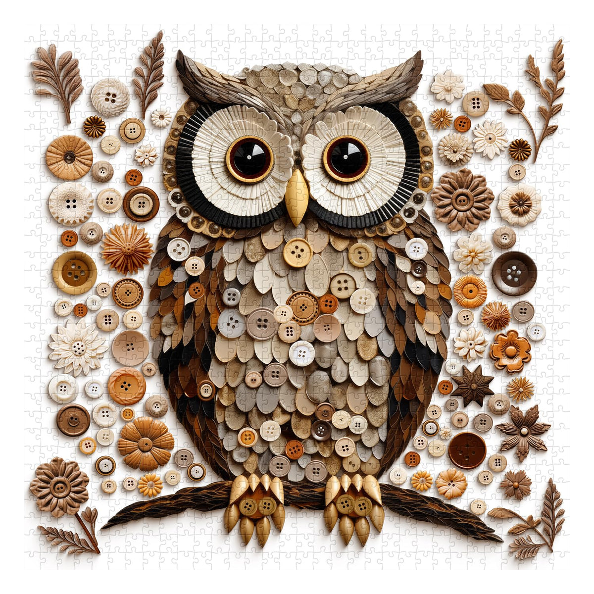 PPuzzling Button Owl Puzzle – 1000 Pieces, Nature Forest Jigsaw, Vintage Animal Art for Adults