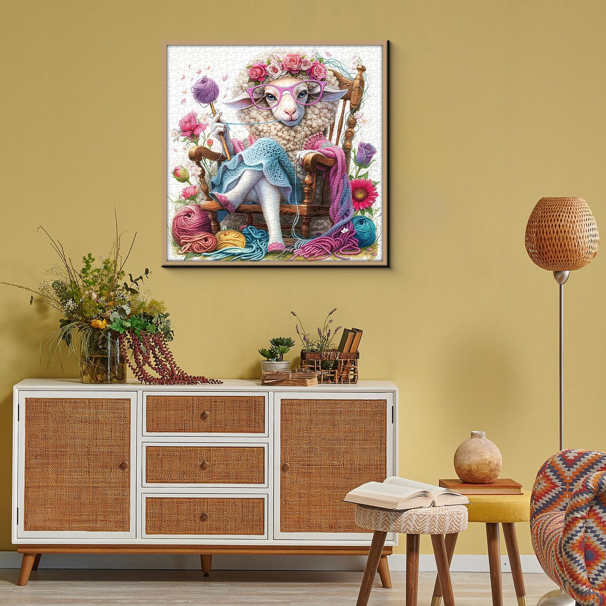 PPuzzling Animal Sheep Puzzle 1000 Pieces – Lamb with Yarn Knit, Floral Home Decor
