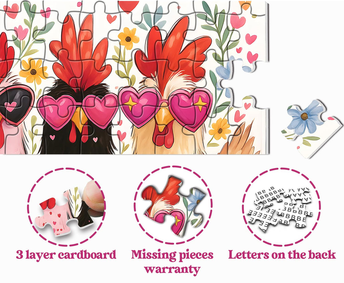 PPuzzling Funny Chicken Puzzles for Adults – 1000-Piece Floral Rooster with Heart Sunglasses
