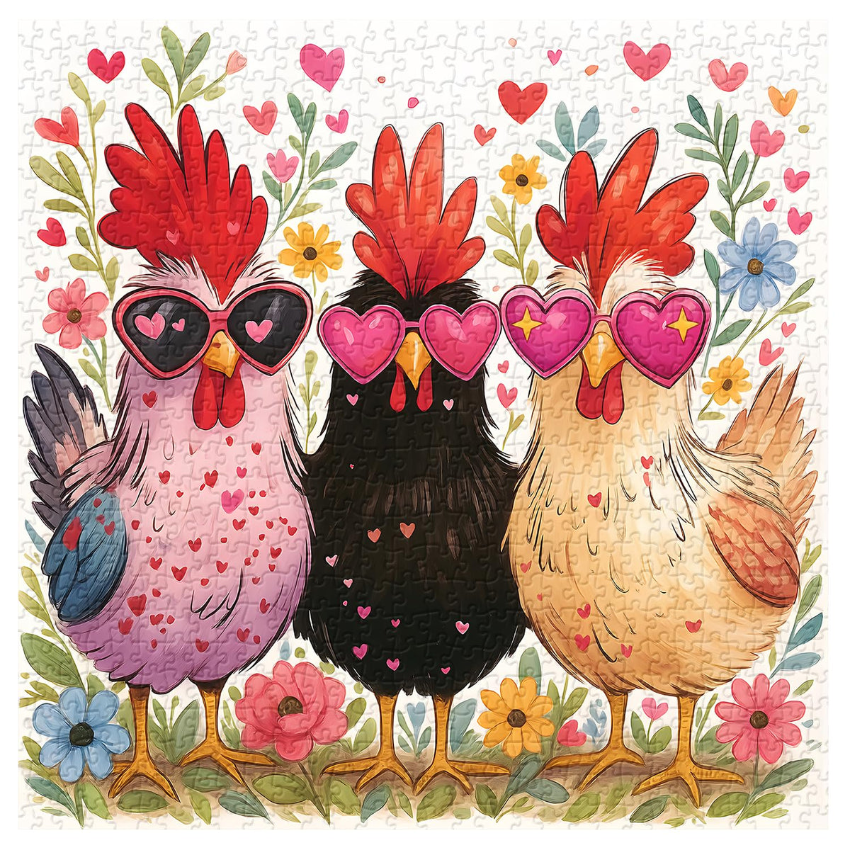 PPuzzling Funny Chicken Puzzles for Adults – 1000-Piece Floral Rooster with Heart Sunglasses