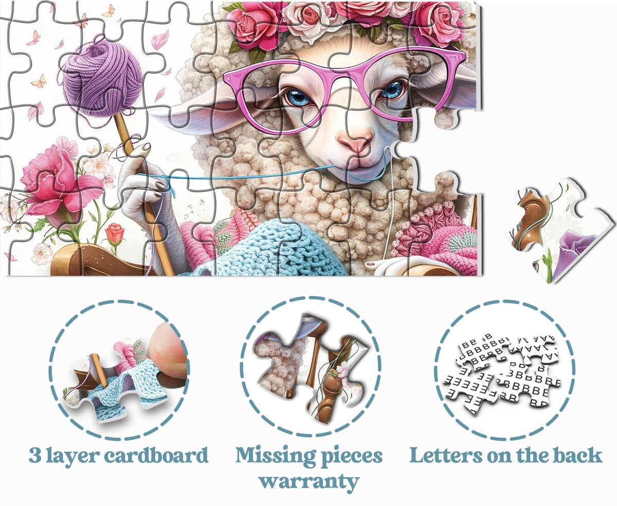 PPuzzling Animal Sheep Puzzle 1000 Pieces – Lamb with Yarn Knit, Floral Home Decor