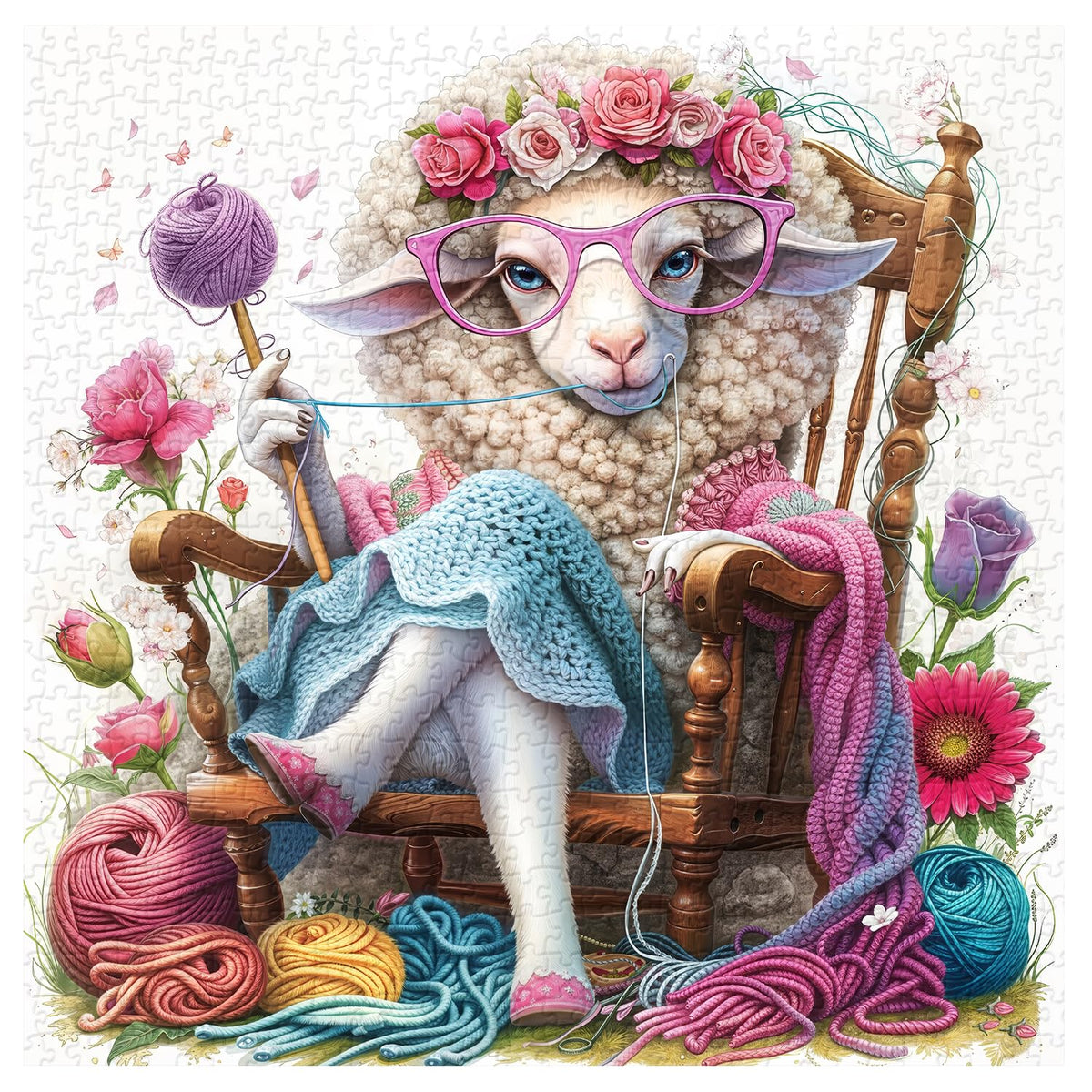 PPuzzling Animal Sheep Puzzle 1000 Pieces – Lamb with Yarn Knit, Floral Home Decor