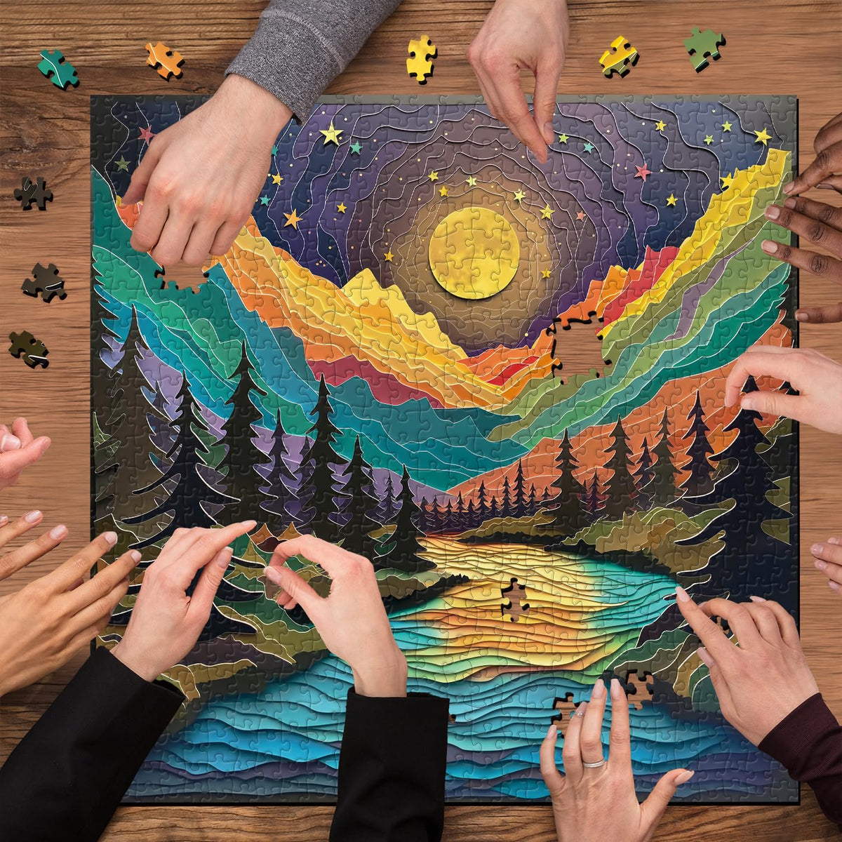PPuzzling Magic Starry Night 1000-Piece Puzzle – Colorful Paper-Cut Landscape Art