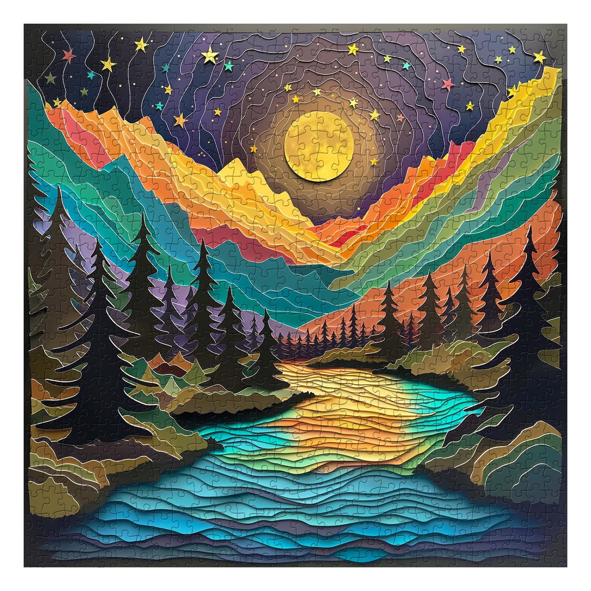 PPuzzling Magic Starry Night 1000-Piece Puzzle – Colorful Paper-Cut Landscape Art