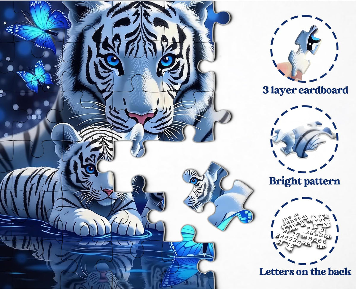 PPuzzling White Tiger 1000-Piece Puzzle — Blue Butterfly Wildlife Art for Adults