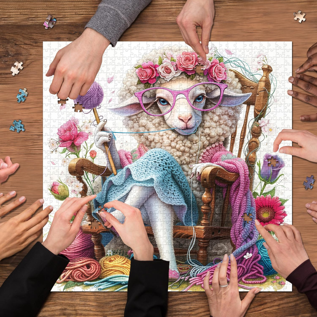PPuzzling Animal Sheep Puzzle 1000 Pieces – Lamb with Yarn Knit, Floral Home Decor