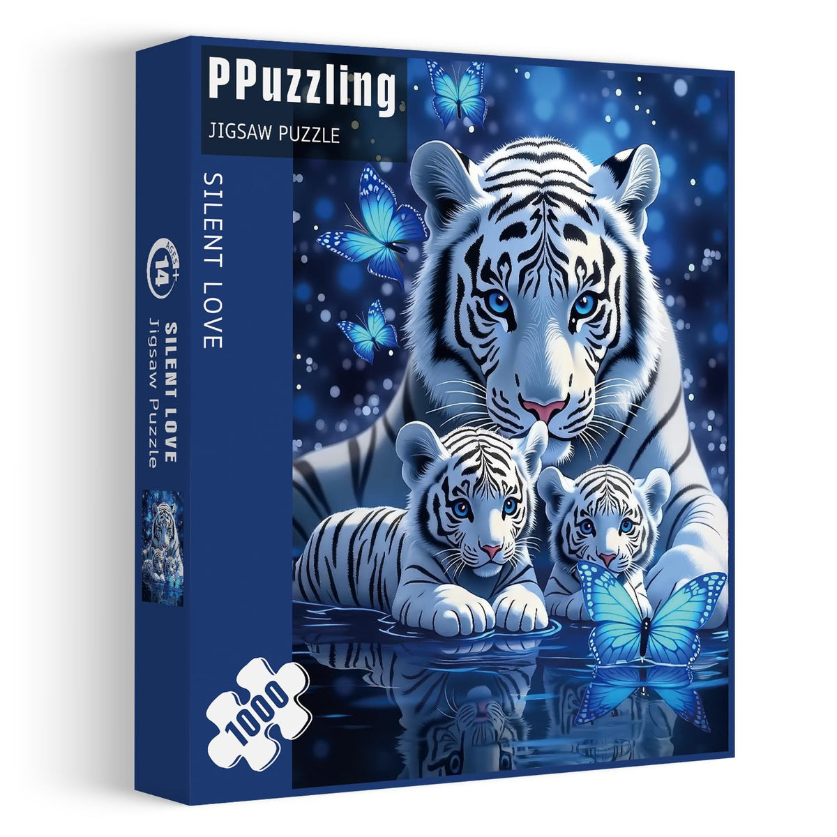 PPuzzling White Tiger 1000-Piece Puzzle — Blue Butterfly Wildlife Art for Adults