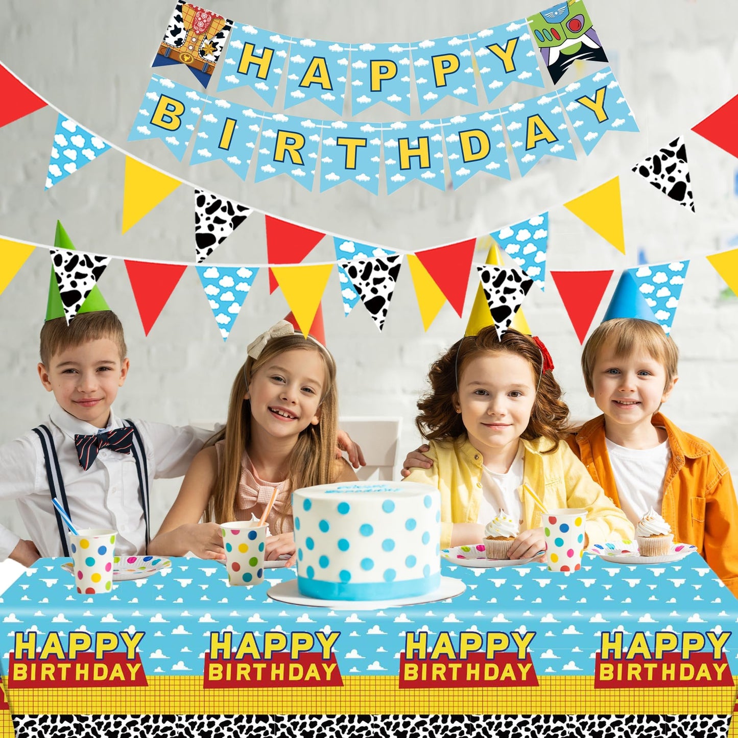 PPXMEEUDC Cartoon Story Party Decorations — Blue Sky Tablecloth, Cloud Print Banner & Flags for Birthday & Baby Shower