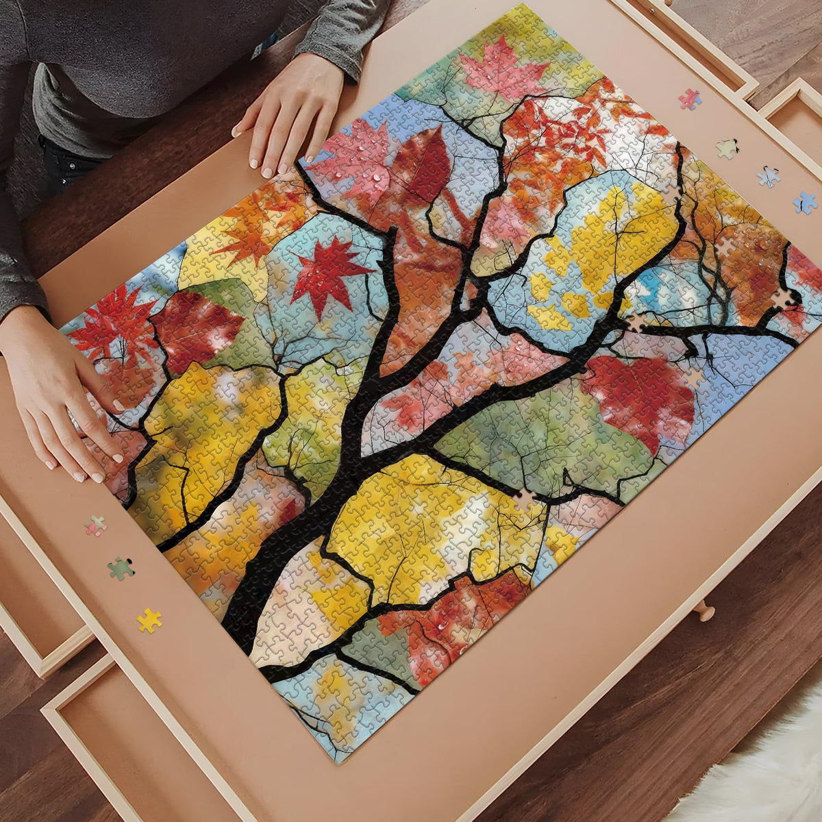 PQIKTUV Jigsaw Puzzle 1000 Pieces – Stained Glass Autumn Tree, Dustproof Storage Bag Included
