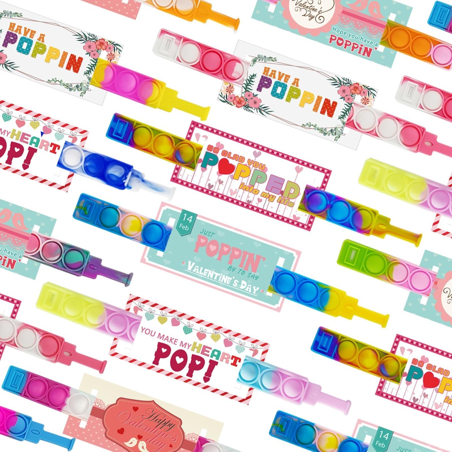 PRAABDC 24-Pcs Valentines Day Pop Bracelet Set with Cards | Colorful Silicone Wristband Fidget Toys