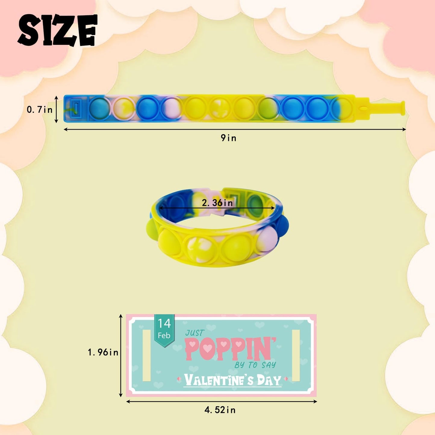 PRAABDC 24-Pcs Valentines Day Pop Bracelet Set with Cards | Colorful Silicone Wristband Fidget Toys