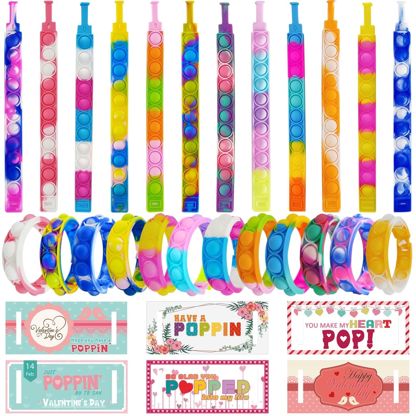 PRAABDC 24-Pcs Valentines Day Pop Bracelet Set with Cards | Colorful Silicone Wristband Fidget Toys