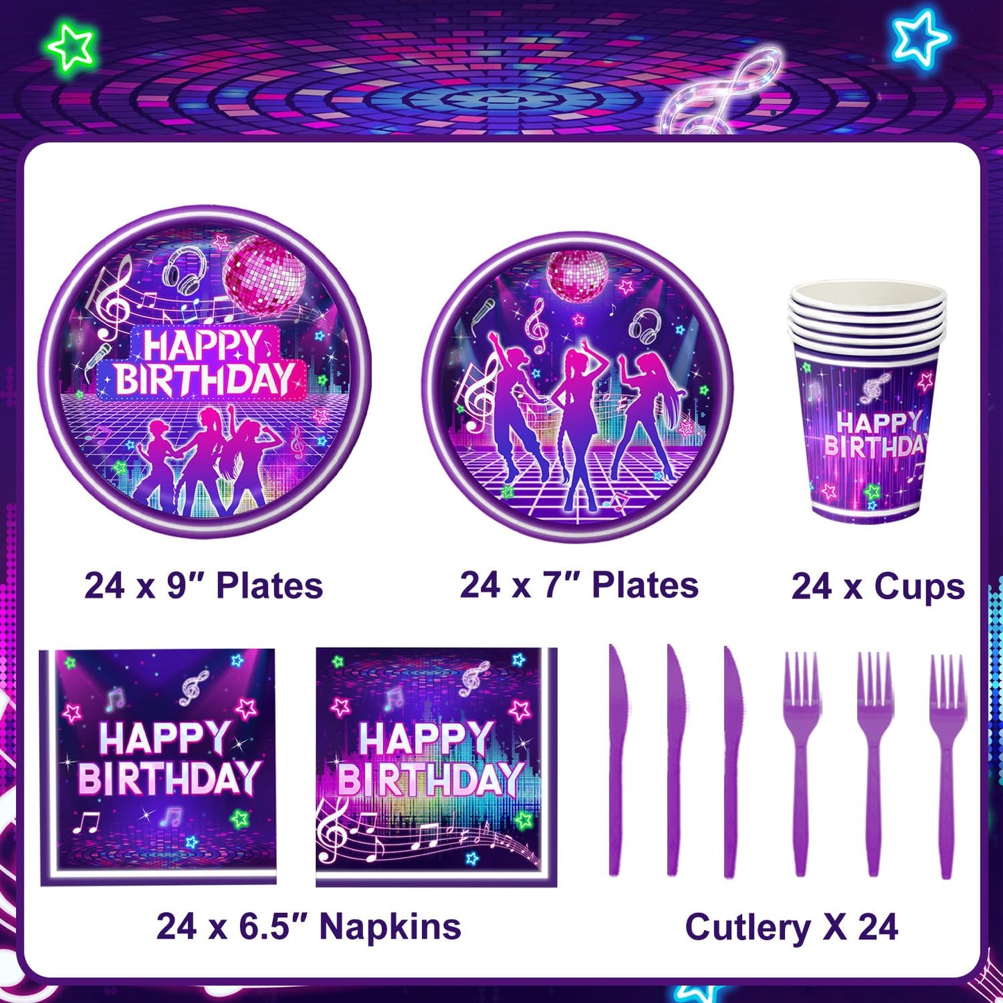 Practice Star 144 PCS Pop Music Party Decorations – Plates Napkins Cups Cutlery for 24
