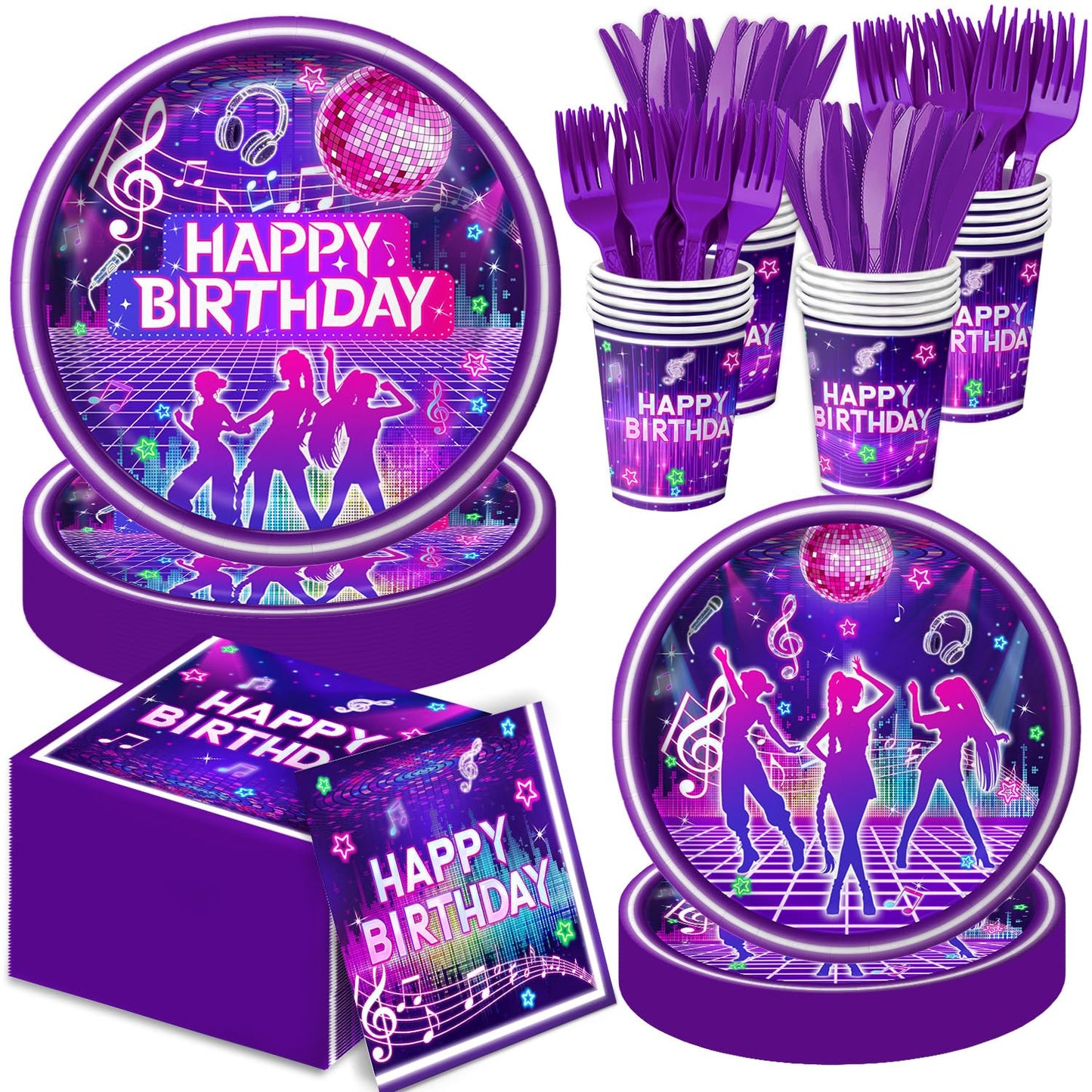 Practice Star 144 PCS Pop Music Party Decorations – Plates Napkins Cups Cutlery for 24