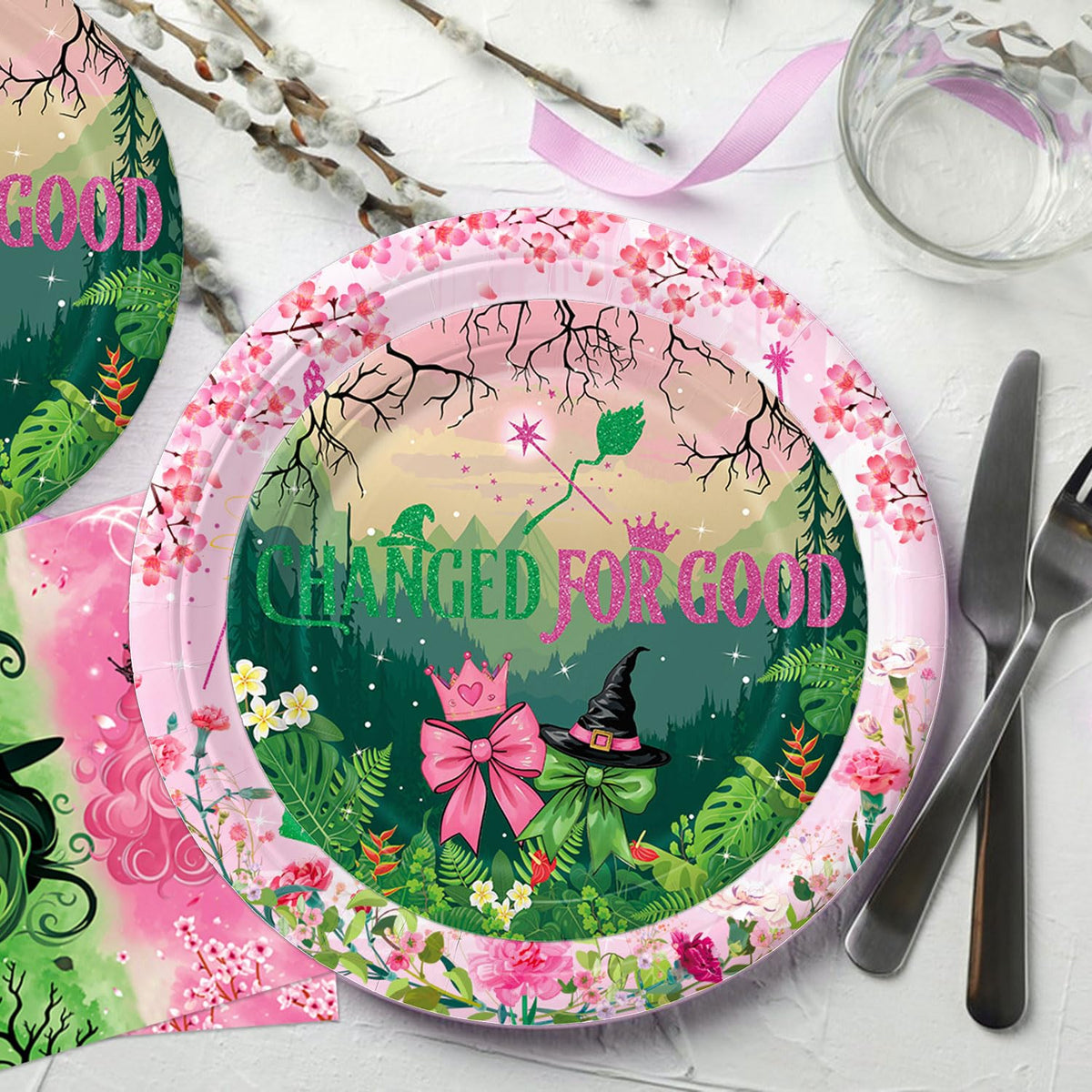 Practice Star 41pcs Witch Party Decorations - Pink & Green Tableware for Magical Birthdays