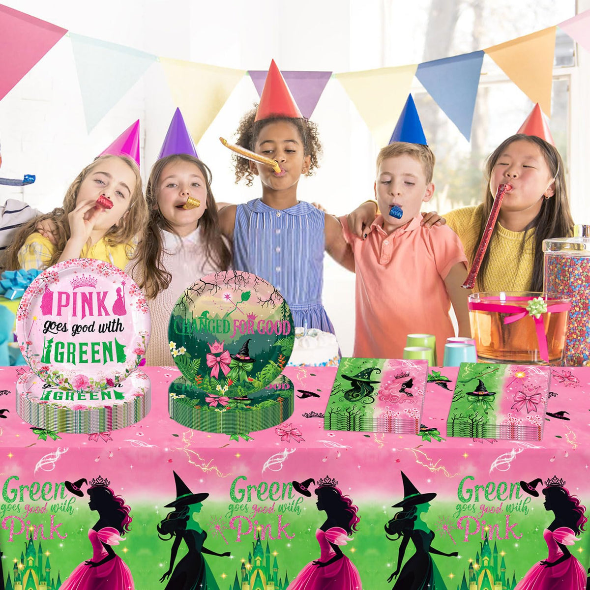 Practice Star 41pcs Witch Party Decorations - Pink & Green Tableware for Magical Birthdays