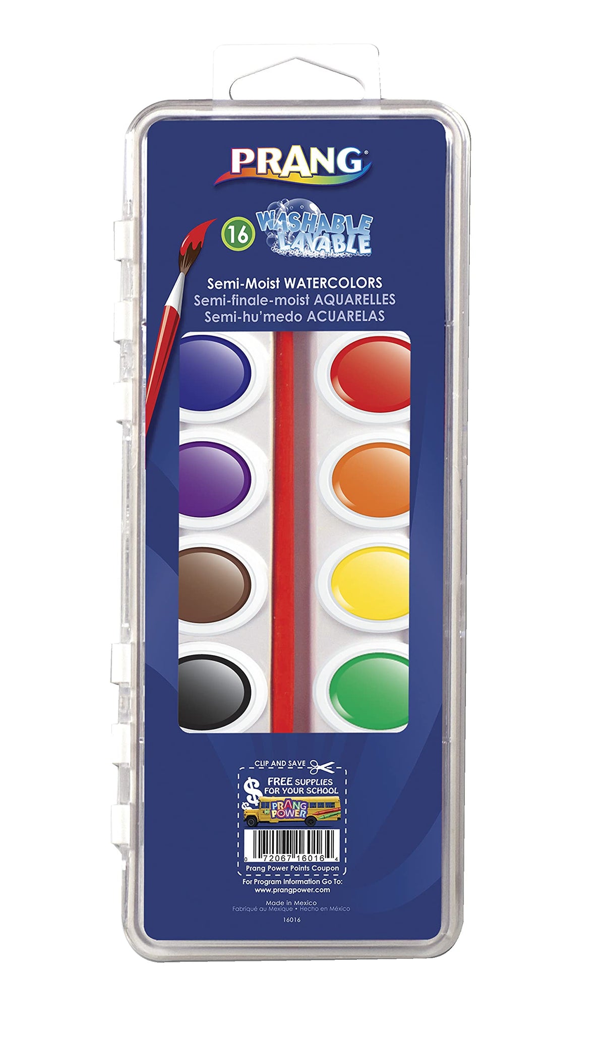 Prang Washable Semi-Moist 16-Color Watercolor Set with Brush — Shaped Pans for 41% More Paint